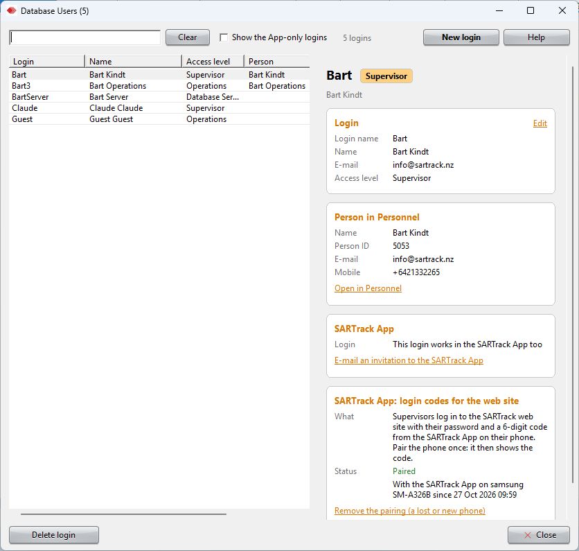 SARTrack: the Database Users window