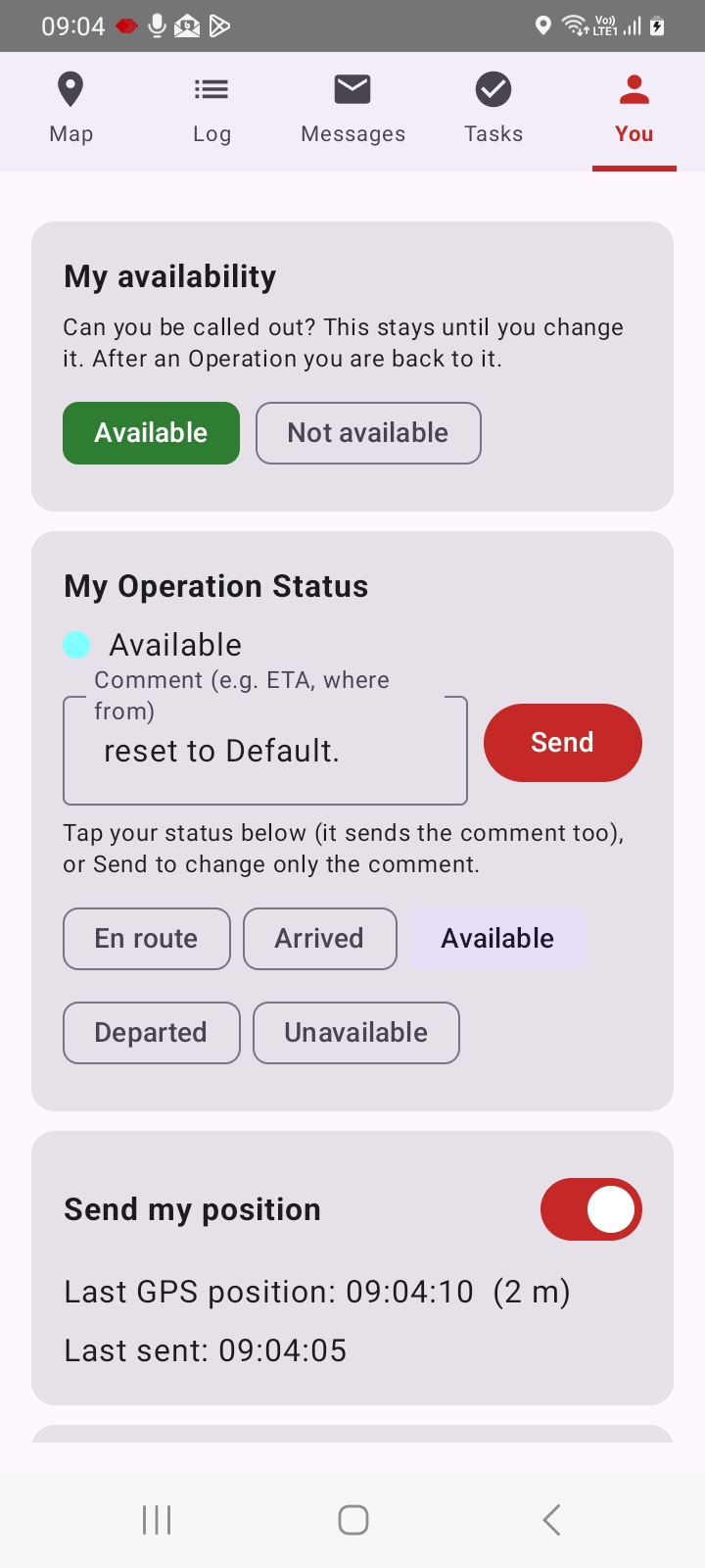 The SARTrack App: the You tab with availability, status and position